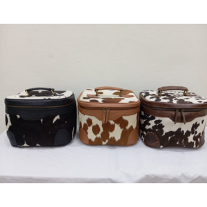 Bolsa de Cosméticos de Cuero Vacuno con Patrón de Caramelo Vintage Premium, Reutilizable, de Gran Capacidad, con Asa - Product Image 1