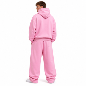 Conjuntos de invierno: Sudaderas rosas extragrandes con cremallera y hombros caídos, con estampado de apliques de tela desgastada personalizados, y pantalones de chándal de forro polar grueso de pierna ancha. - Product Image 3