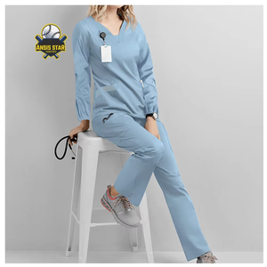 Women Hospital Scrub <b>Set</b> Green Polyester Knitted Long Sleeve V-Neck Uniform Pants with Pockets for Medical Use Customized Color - Product Image 4