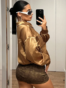 Chaqueta Bomber Dorada Metálica Satinada para Mujer, Chaqueta de Salida con Cuello Grande y Brillo Líquido, Personalizada - Product Image 3