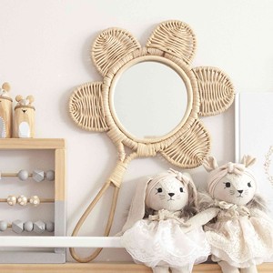 Natural wood hand held <b>mirrors</b> factory price flower rattan handle <b>mirror</b> nursery accessories - Product Image 1