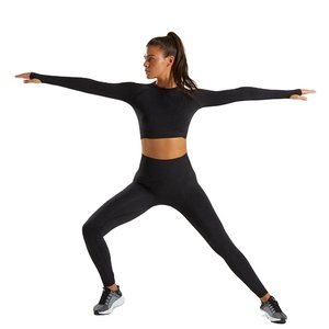 Nouvel Arrivage Vente Chaude Ensemble de Yoga pour Femme, Tenue de Sport et Fitness Sans Couture Côtelée, Vêtements de Fitness Biologiques, Motif Écossais, Longueur Genou, Taille Élastique, Col Rond - Product Image 3