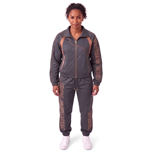 Conjunto deportivo personalizado para mujer, gris oscuro y rojo, con estampado gráfico futurista de circuitos, chaqueta deportiva y pantalones de chándal, conjunto informal deportivo. - Product Image 5