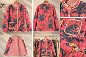 Veste matelassée rose vintage pour femme, imprimé animalier fait main, 100% coton biologique, manteau bohème indien Kantha réversible, cadeau - Product Image 6