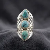 Bague Statement à Trois Pierres en Turquoise Tibétaine et Argent Sterling 925, Faite à la Main, Style Bohème Vintage, Bijoux en Gros pour Femmes