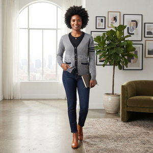 Cosh International Sisterhood Sorority Gray Knitted <b>Cardigan</b> Long Sleeve V-Neck <b>Button</b> Closure Casual Wear Contrast Color Design - Product Image 3