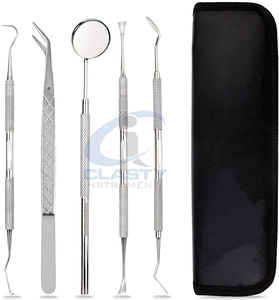 Juego de instrumentos Sickle Scaler: Sonda quirúrgica de acero inoxidable, instrumento raspador con agarre moleteado, pinzas y espejo. - Product Image 2