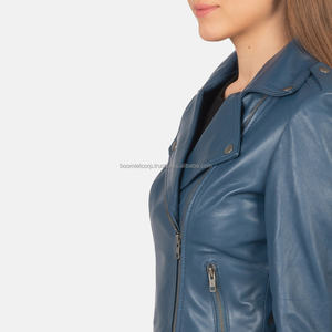 Veste en cuir bleue pour dames en gros Veste à la mode coupe mince avec fermeture éclair et doublure pour femmes - Product Image 6