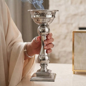 <b>Silver</b> Metal Arabic Incense <b>Burner</b> Featuring Dark Wooden Stem Accents And Domed Lid For Sophisticated Traditional Aromatherapy - Product Image 2