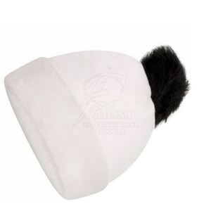 Bonnet ajustable blanc à pompon avec fourrure noire contrastante, bonnet tricoté pour l'hiver et le ski - Product Image 3