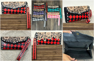 Elegant New Designer Hand Tooled Cowhide Leather Clutch Checkered Pattern Luxury Wallet Floral Carved Stylish Women’s <b>Purse</b> - Product Image 3