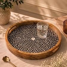 Round Hand Painted Wood Serving <b>Plate</b> <b>Vintage</b> Plant Pattern Floral Design Wooden Tray Dish Perfect For Home Kitchen Decor - Product Image 5