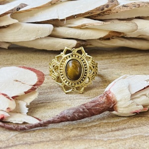 Hot Selling Flower Shape Brass <b>Ring</b> Tiger Eye Gold Plated <b>Statement</b> <b>Ring</b> Vintage Tribal Boho Floral Design Wholesale Women <b>Ring</b> - Product Image 1