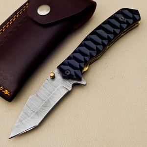 Cuchillo Plegable de Acero de Damasco Personalizado Nordic Forge |   Cuchillo Tanto Recto de 8 Pulgadas para Uso Diario (EDC) |   Funda de Cuero con Mango de Micarta Negra | - Product Image 6