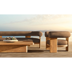 Modern Solid Teak Wood <b>Outdoor</b> <b>Sofa</b> Luxury Cylindrical Backrest Upholstered Patio Couch Contemporary Resort Lounge Furniture - Product Image 6