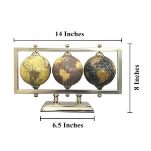 Ensemble de globes terrestres rotatifs de luxe en aluminium, triple globe, cadre rectangulaire argenté, cartes multiples, sculpture de bureau moderne, accent de table - Product Image 4