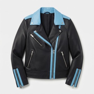 Veste de moto en similicuir pour femme, noire avec accents bleus, manches longues, fermeture éclair, col montant, vêtement d'extérieur pour l'automne - Product Image 1