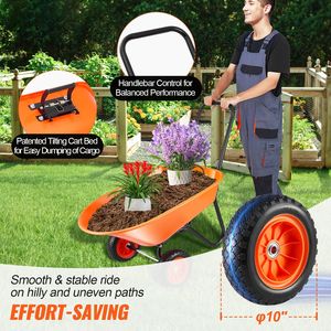 5 Cu. Carrello da Giardino Ribaltabile con Capacità di Carico di 180 kg, 2 Ruote Larghe 10 Pollici, Carriola in Metallo con Capacità d'Acqua di 100L - Product Image 2