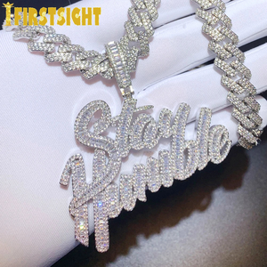 Mens Hip Hop Silver CZ Zircon Cursive Stay Humble Pendant Necklace <b>Iced</b> <b>Out</b> Script Letter Charm Bling <b>Chain</b> Moissanite Jewelry - Product Image 2