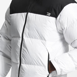 Chaqueta Acolchada para Hombre, Color Blanco y Negro, con Bloques de Color, Cuello Alto, Cierre de Cremallera, Resistente al Viento, Informal de Invierno, con Exterior de Poliéster Grueso - Product Image 5