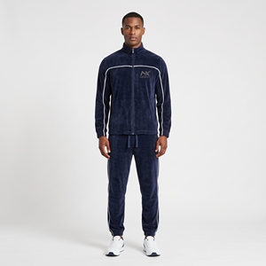 Men's Navy Blue <b>Velour</b> Tracksuit Set Full Zip Track Jacket & <b>Jogger</b> Pants with Contrast Piping - Product Image 1