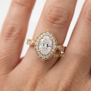 Anillo de Compromiso Clásico Vintage con Diamante Cultivado en Laboratorio de Corte Ovalado, Bordes Milgrain, Chapado en Oro de 14K/18K, para Aniversario de Bodas o Fiesta - Product Image 2