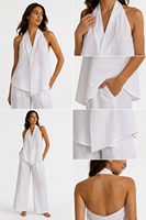 Ensemble pantalon d'été chic et bohème pour femme - Haut halter blanc et pantalon large décontracté en lin/coton, taille XL