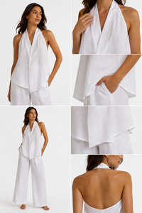 Modern Chic Bohemian Women's Summer Pant <b>Set</b>-White Halter <b>Top</b> & Casual Wide Leg <b>Trousers</b> One <b>Set</b> <b>Linen</b>/Cotton XL - Product Image 4