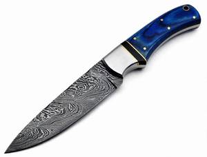 Herramienta utilitaria de acero damasco con patrón de gotas de lluvia hecha a mano, mango de madera teñida de azul, refuerzo de acero inoxidable. - Product Image 4
