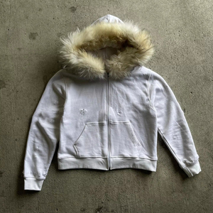 Veste à capuche blanche à manches courtes avec bordure en fausse fourrure, fermeture à cordon, 100% polyester, imprimé par sublimation, vêtements de sport unisexes - Product Image 5