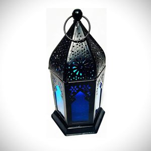 Farol Marroquí Negro de Hierro con Portavelas de Cristal Azul para Decoración del Hogar - Product Image 2