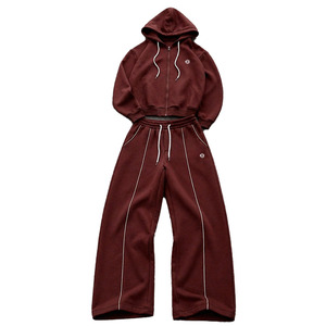 Men's Casual Two Piece Hoodies Sets Solid Color <b>Zipper</b> <b>Jacket</b> and Wide Leg Sweat Pants With Contrast Piping Low MOQ Supply - Product Image 2
