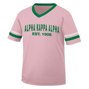 Camiseta Casual de Sorority AKA Boyfriend Style Founders Jersey Rosa Claro Verde con Cuello en V y Manga a Rayas - Product Image 1