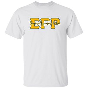 T-shirt graphique Sigma Gamma Rho blanc à manches courtes, impression sérigraphiée, vêtement de sororité personnalisé, haut décontracté à lettres grecques - Product Image 1