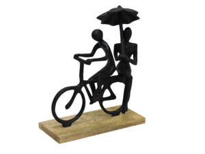 Statue de couple romantique sur vélo en aluminium noir faite à la main avec parapluie, figurine abstraite sur base en bois, décoration moderne pour la maison, 12 pouces - Product Image 3