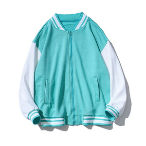 Veste universitaire unisexe vert menthe et blanc à blocs de couleur, zippée, col montant côtelé, style streetwear, pour l'automne - Product Image 2