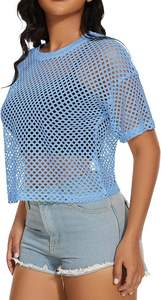 Camisetas sexys para mujer con estampado, holgadas, informales, de malla transparente, con encaje, hombros descubiertos, camiseta de malla de manga corta, top corto - Product Image 3