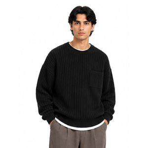 2026 Men's Black Ribbed Knitted 100% Cotton <b>Pullover</b> <b>Sweater</b> Regular Sleeve Front Pocket Winter Wear Quick Dry Breathable High - Product Image 3