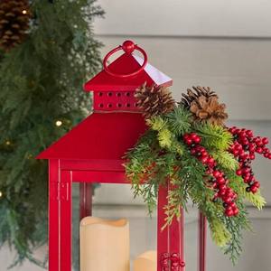 Red Metal <b>Christmas</b> <b>Lantern</b> With Cream Candles And Berry Garland Decorative Holiday Light Fixture <b>christmas</b> decor - Product Image 3