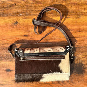 Monedero de cuero con pelo a mano, billetera cruzada de cuero genuino occidental para mujer, billeteras Aces de cuero de vaca - Product Image 3
