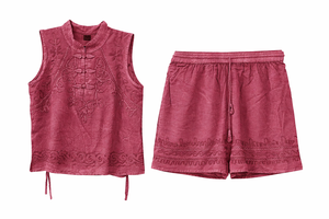 Women's <b>Viscose</b> Embroidered Collared <b>Top</b> and Short Set Manufacturer - Product Image 3