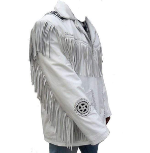 Veste en cuir PU blanche pour homme avec franges brodées, style western, décontractée, hiver, fermeture éclair sur le devant, logo, col rabattu, coupe classique - Product Image 2