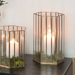 Lanterne en verre avec cadre hexagonal en laiton, décoration d'intérieur, porte-bougie - Product Image 2