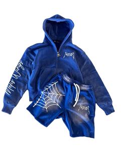 Ensembles de vêtements d'extérieur pour hommes personnalisés du fabricant OEM Shorts à capuche délavés au soleil Écusson brodé Rhinerston Hoodies Ensemble short 2 pièces - Product Image 1