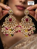 Anting-anting gantung bunga etnik kuningan Kundan, berhiaskan mutiara dan kristal, perhiasan untuk pesta pernikahan