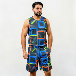 Men's Geometric Print Tank Top And <b>Shorts</b> Set Crew Neck Quick Dry Knitted <b>Polyester</b> Sporty Summer Outfit - Product Image 1