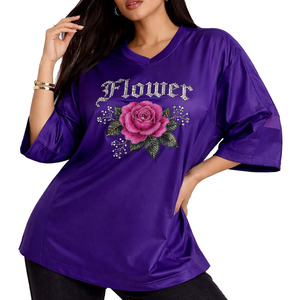 Camisetas de fútbol americano de malla de lujo extragrandes personalizadas para mujer, con gráficos florales de diamantes de imitación, estilo streetwear de poliéster - Product Image 1