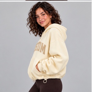 Sweat-shirt à capuche zippé en molleton chenille personnalisé pour femme, coupe courte, avec cordon de serrage à l'ourlet, couleur crème, blanc cassé - Product Image 3