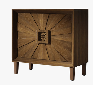 NOUVEAU Meuble d'appoint en noyer style Rétro Mid-Century Modern, avec porte sculptée géométrique effet rayon de soleil, servant de buffet de rangement, table de chevet ou console en bois nordique - Product Image 4