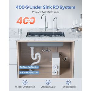Filtro Acqua RO Senza Serbatoio a 8 Stadi da 400 GPD per Lavello, Rapporto di Flusso 2:1 Puro 100 GPD - Product Image 2